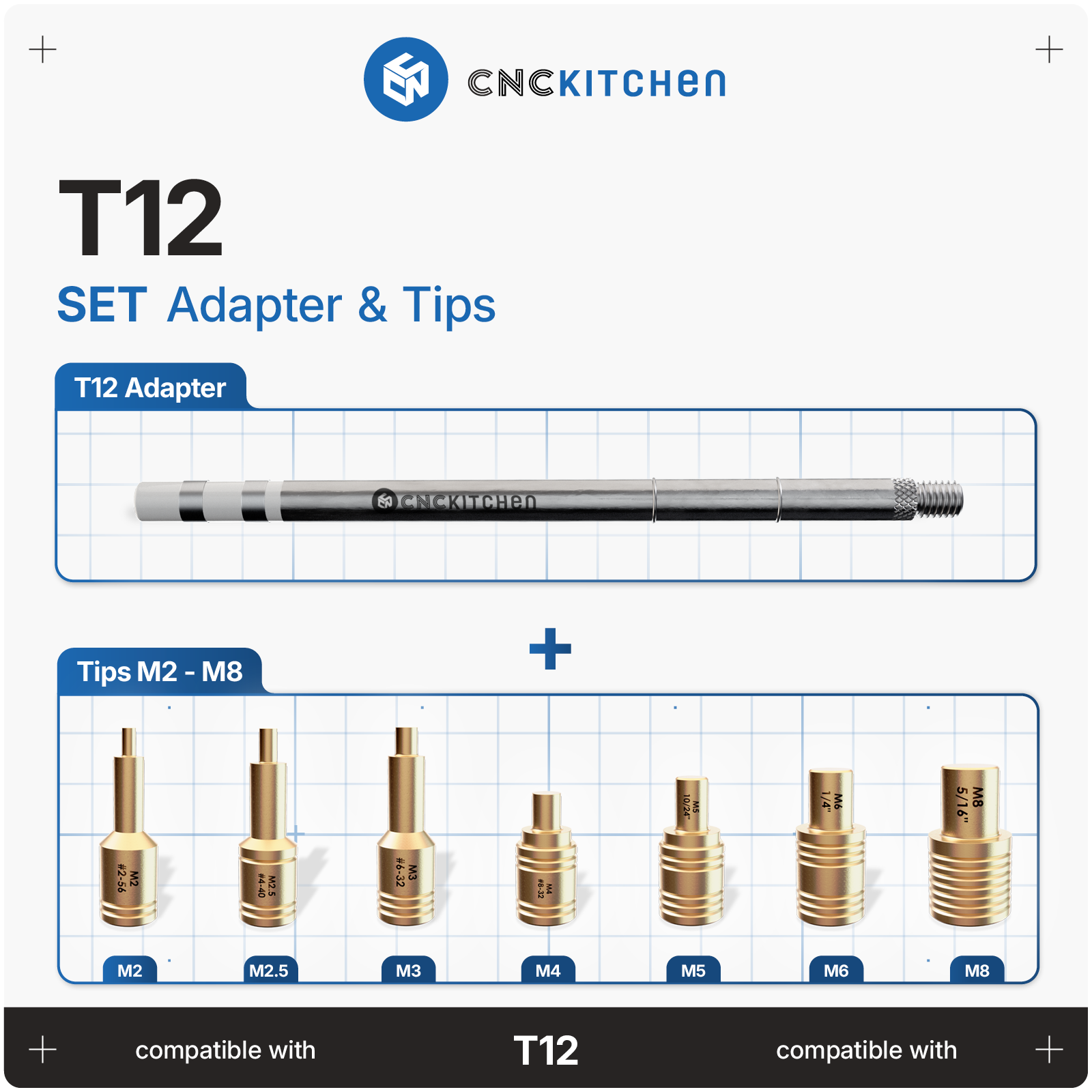 CNC Kitchen Installation Tips SET til T12 – adapter og spidser M2-M8 til heat set inserts